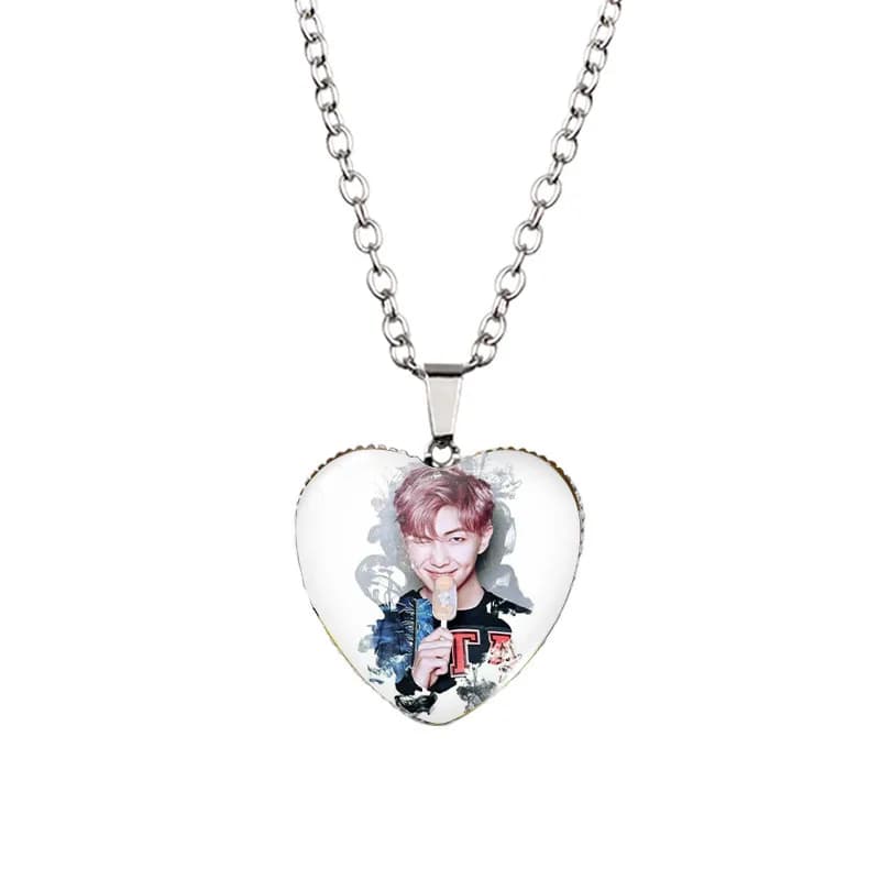 Heart Shape BTS K-pop Idol Glass Gem Necklace Silver Chain Pendant Collarbone Jewelry for Fans Birthday Party Gift