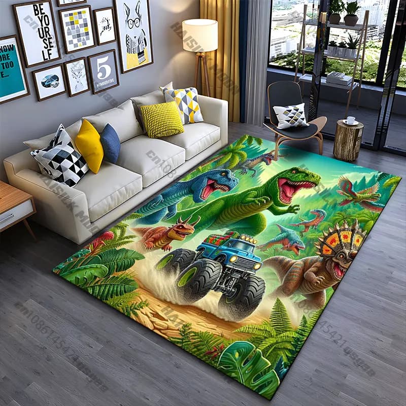 Tappeto con dinosauri che inseguono un monster truck, tappeto da yoga, decorazione per soggiorno, tappetino per bambini, zerbino, tappeto per giochi