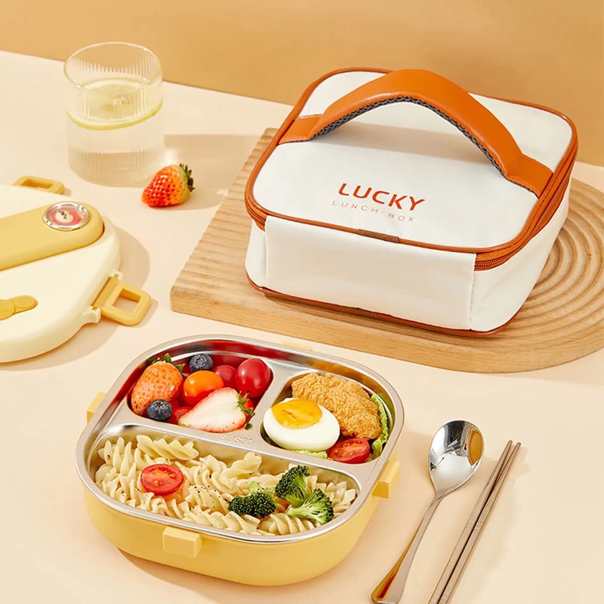 Contenitore per Pranzo Quadrato in Acciaio Inox 304 per Bambini con Posate, Scatola Bento Ermetica Riscaldabile in Microonde, Set N