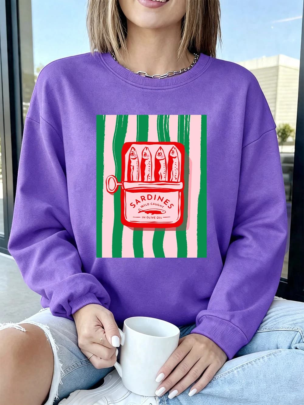 Sardines Wild Caught Printing Sweatshirts Womens Winter Fleece Warm Hoodies Crewneck Loose Pullovers Casual Soft Womans Clothes
