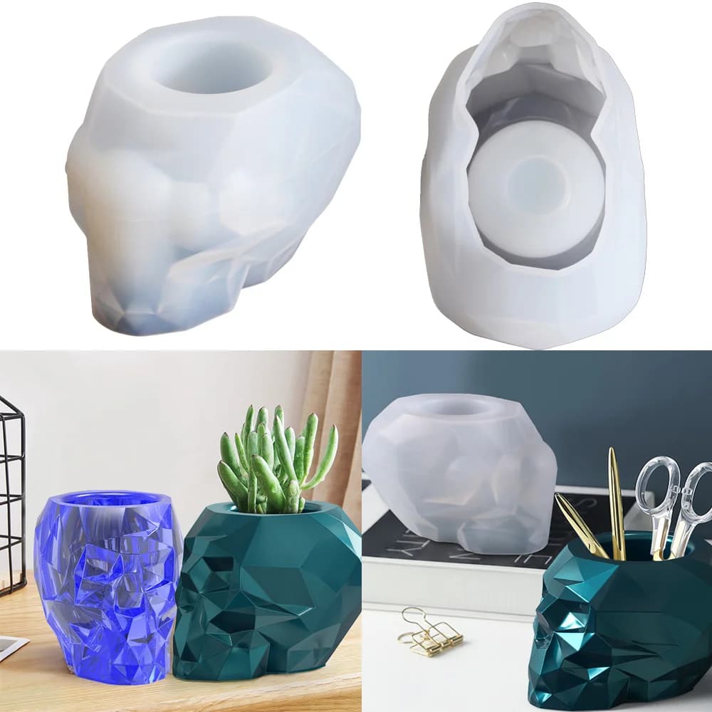 Stampo a forma di teschio portapenne stampo in Silicone resina epossidica sfaccettata vaso di fiori succulenti Silicone Muold per artigianato decorativo per la casa fai da te