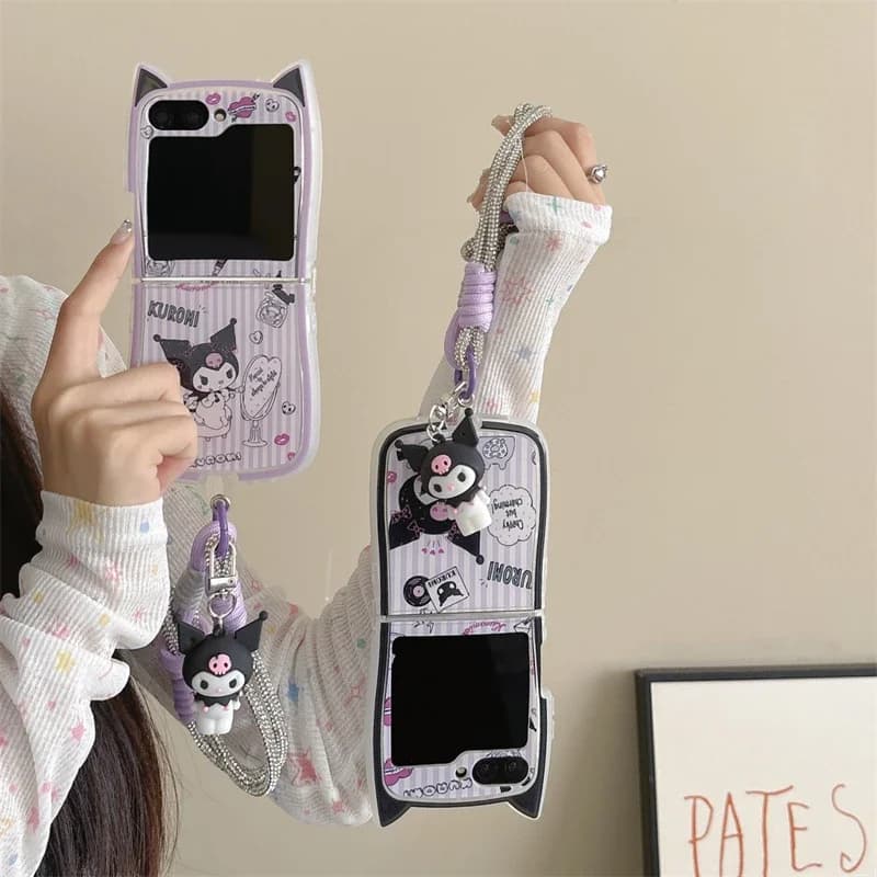 Sanrio Kuromi mobile phone case 3D cartoon for Samsung Galaxy Z Flip 6 5 Soft back cover in TPU for Z Flip 3 4 with cord