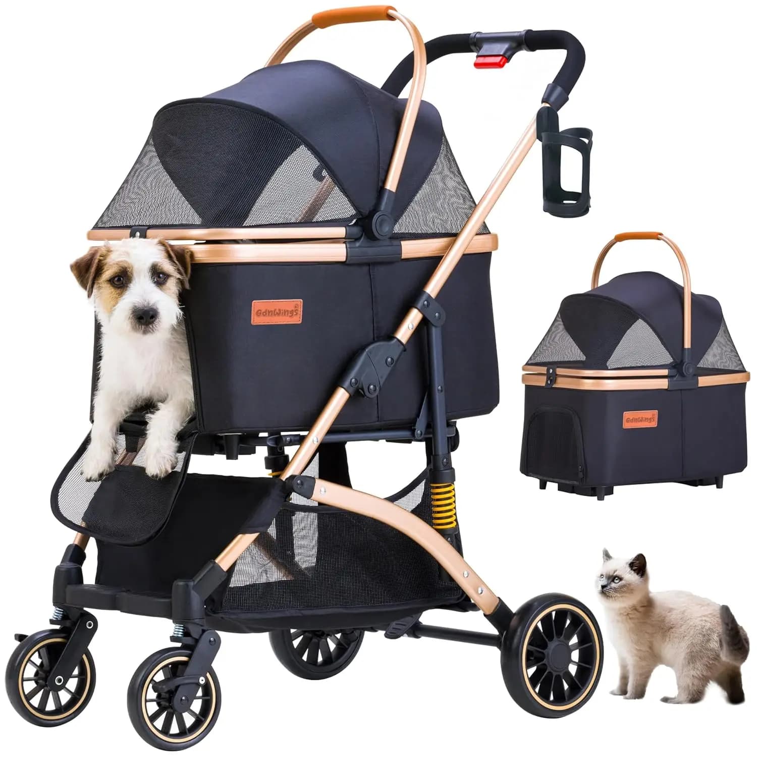 Dog Stroller for Small Dogs, Lightweight Pet Stroller for 2 Cats Dogs with 6 Shock Absorption System, Detachable Carrier Suitabl