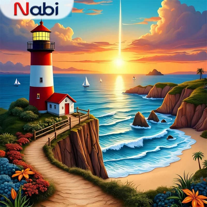 Nabi New Arrival Diamond Mosaic Lighthouse Landscape Craft Kit Diamond Painting Sunset DIY Embroidery Seaside Handicraft