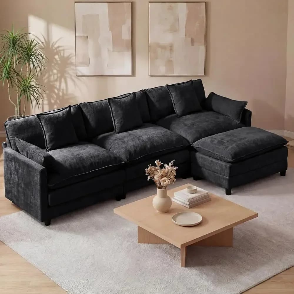 L-Shaped 3-Seat Sectional Sofa with Ottoman, Chenille Upholstered, Spring-Embedded 30D Foam Cushions, Removable Covers, Easy Ass