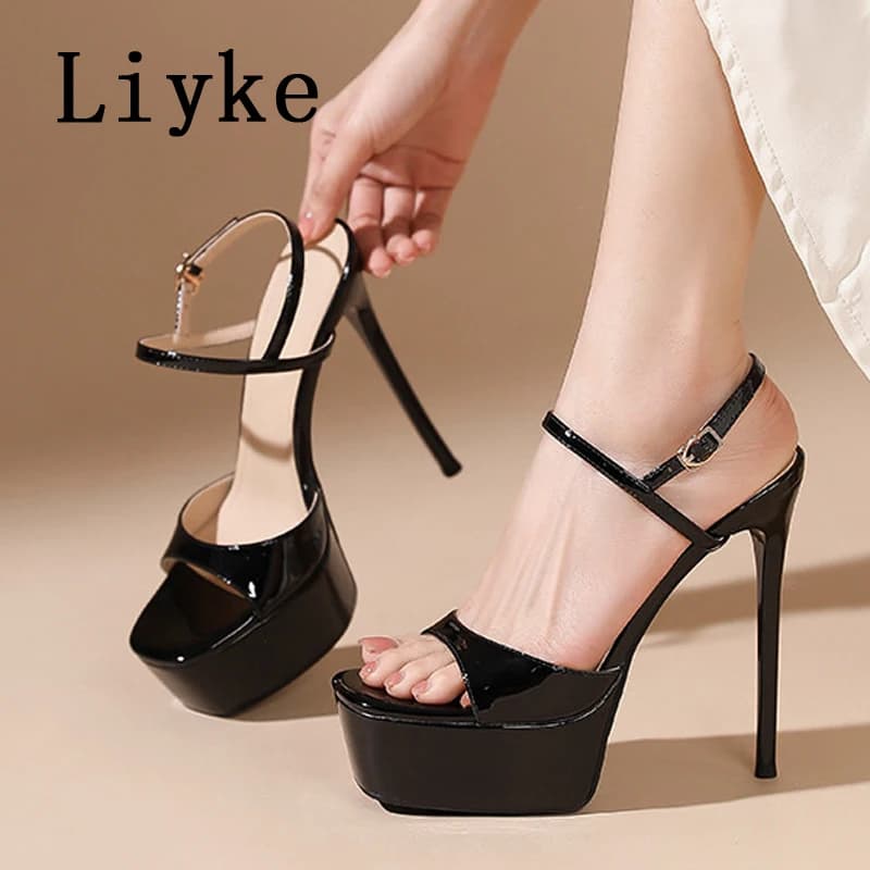 Liyke Moda Estiva Open Toe Cinturino con fibbia Piattaforma da donna Tacchi alti Sandali sexy 14CM Abito da festa femminile Scarpe a spillo Nero