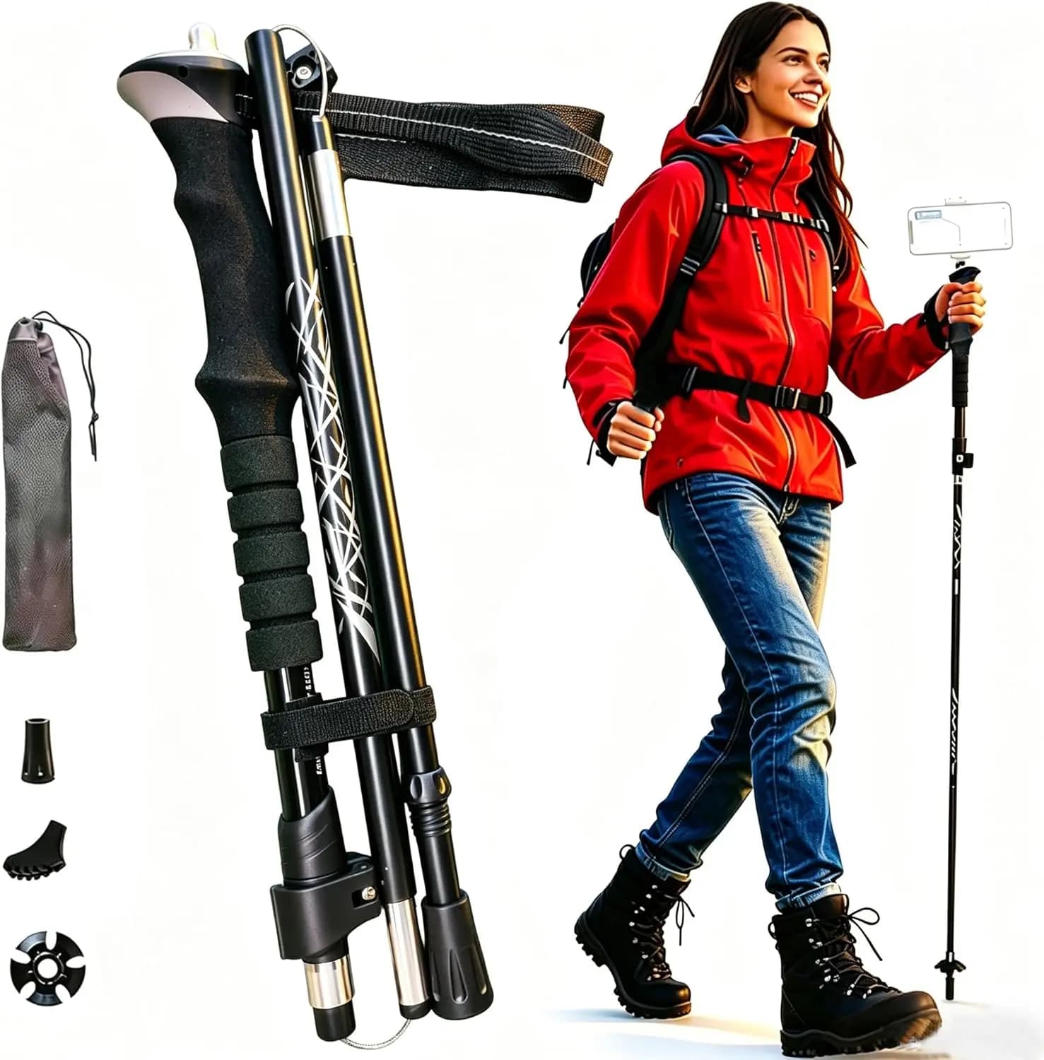Foldable Hiking Poles for Women Men Seniors, 14" Compact Lightweight Trekking Poles with 1/4" Screw for Travel & Hiking with EVA Grip(1Pack, Black, EVA)