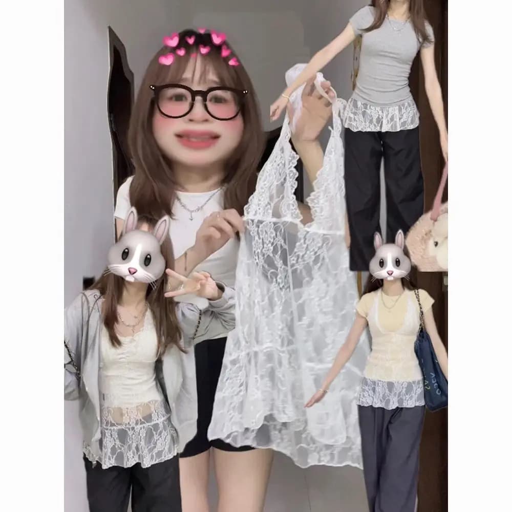 Sexy White Lace Strap Women's Top Neck Hanging V-neck Sleeveless Vest Layered Cover-up Belly Concealing Summer Fashion