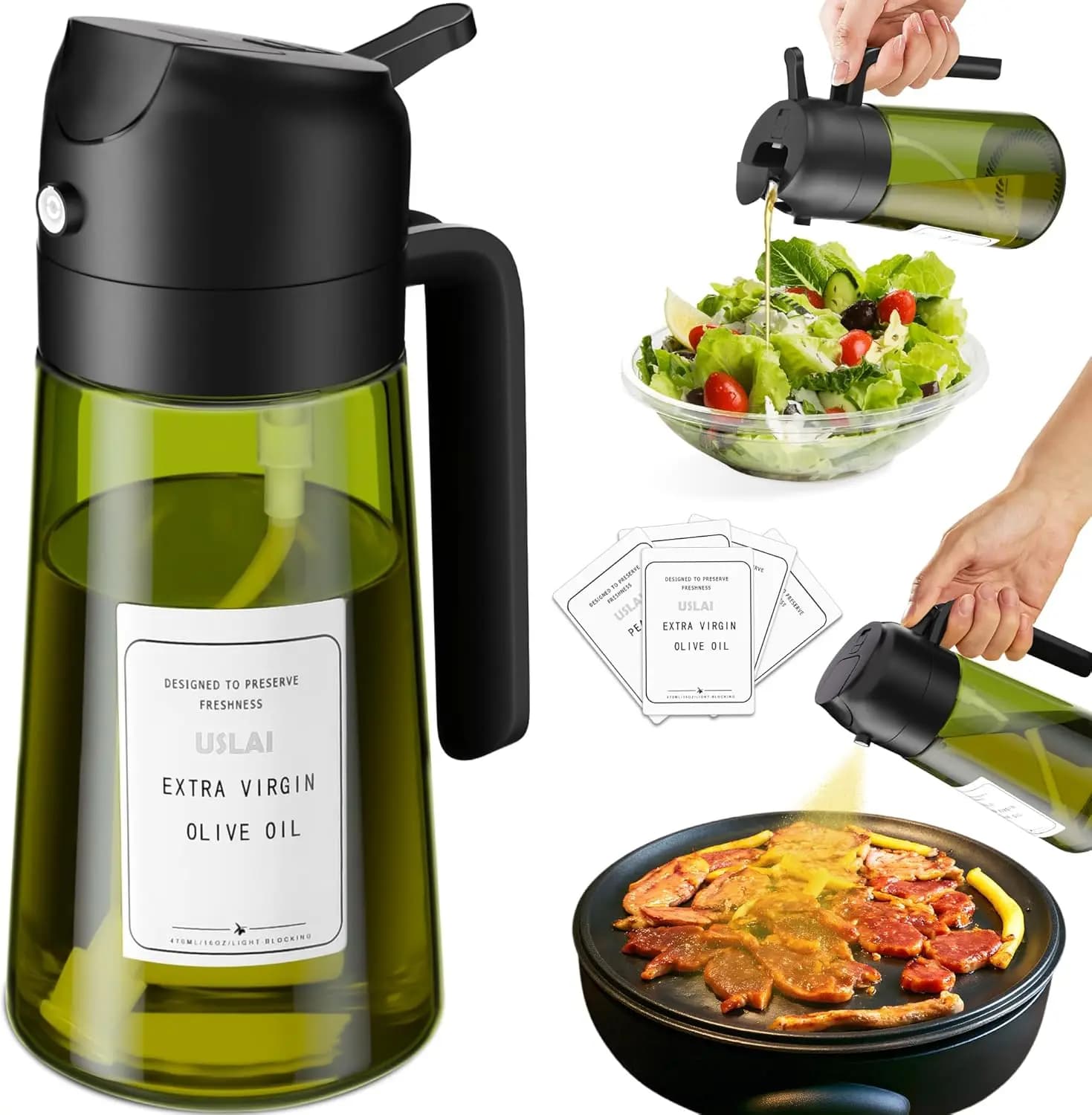 Glass Oil Sprinkler 2-in-1, 16oz/470ml for Kitchen, Air Fryer and Salads - Green