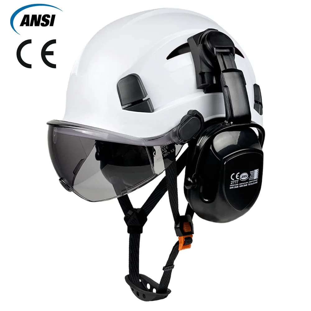 Casco di Sicurezza CE con Occhiali Parasole, Paraorecchie, Elmetto Leggero in ABS, Casco Regolabile con Ventilazione, Protezione per la Testa ANSI