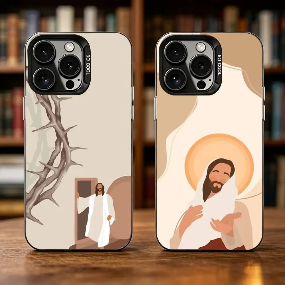 Cover per iPhone con design a cartone animato C-Christian Jesus per iPhone 17, 16, 15, 14, 13, 12, 11 Plus, Pro Max, XS, Cover colorata argento e nera