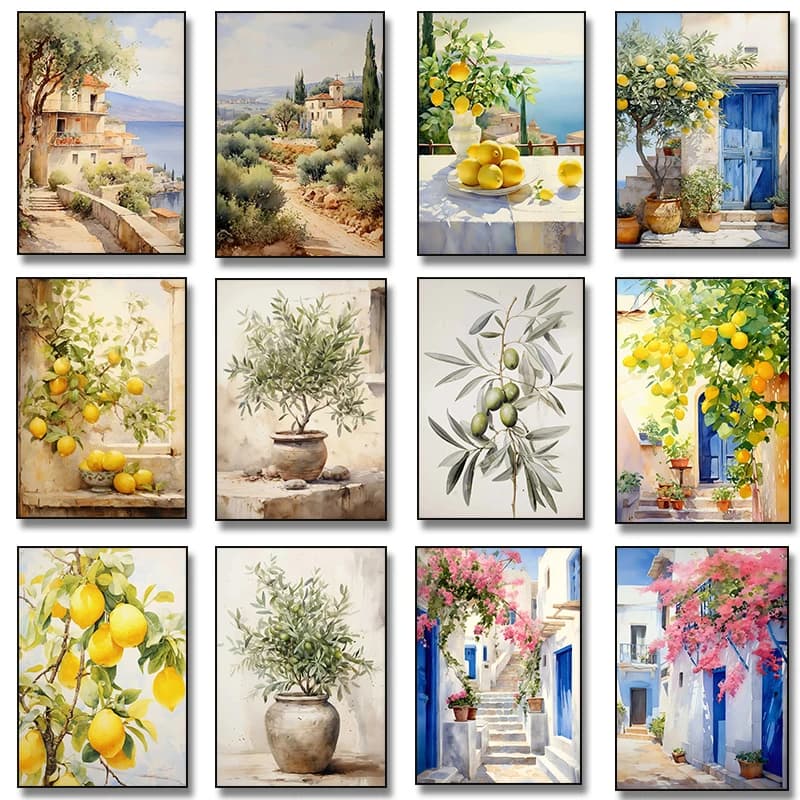 Italian Lemon Olive Tree Retro Mediterranean Greece Santorini Landscape Poster Canvas Painting Wall Art Pictures Home Decor
