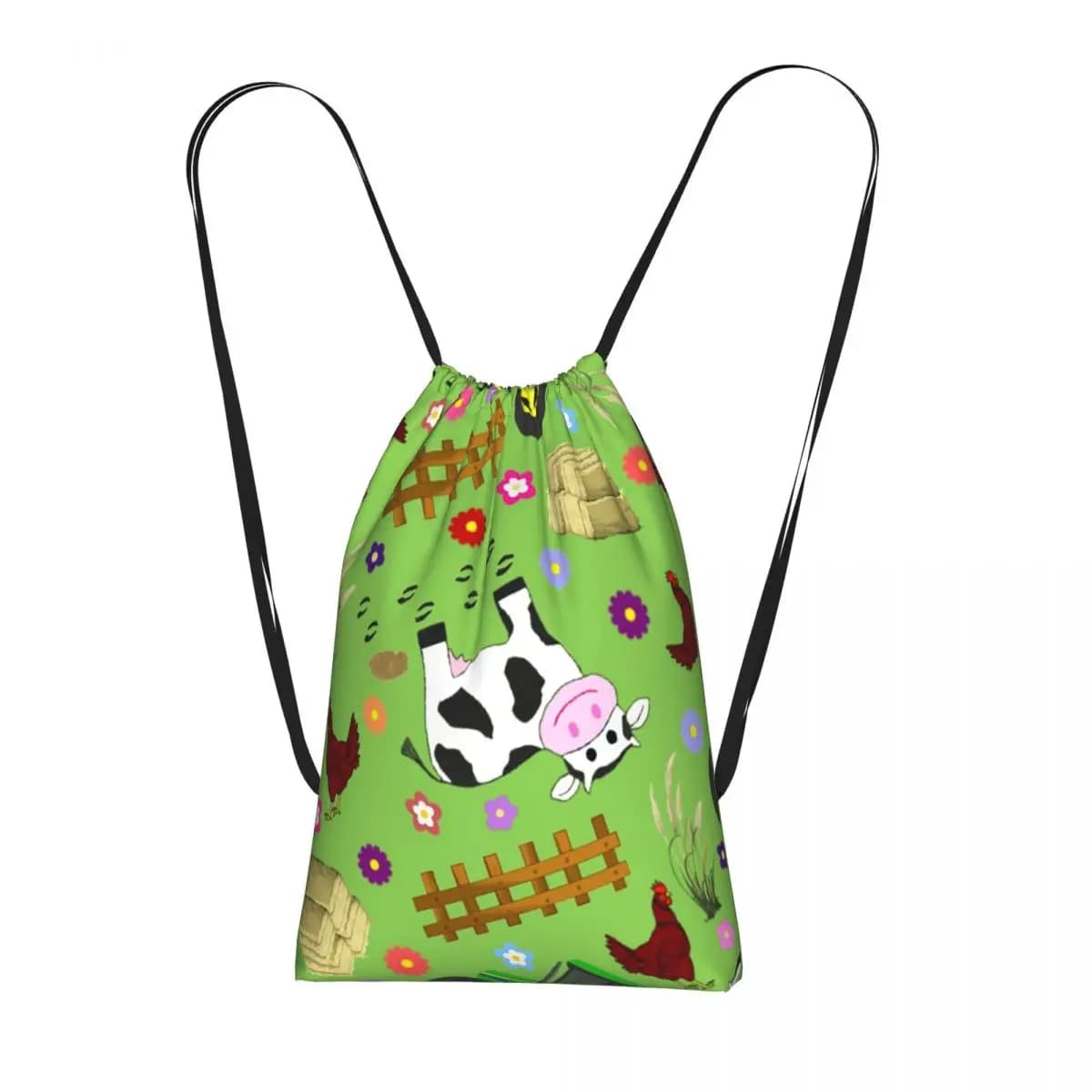 Zaini con motivo a fiori e recinzione a forma di mucca, borse sportive multifunzione con coulisse, borse per libri per uomo e donna, per la scuola