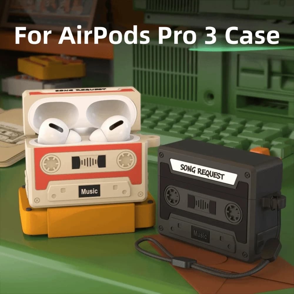Silicone Earphone Case Retro Cassette 3D Headphones Box Cover Anti-fall with Lanyard Protective Shell for Airpods Pro 3