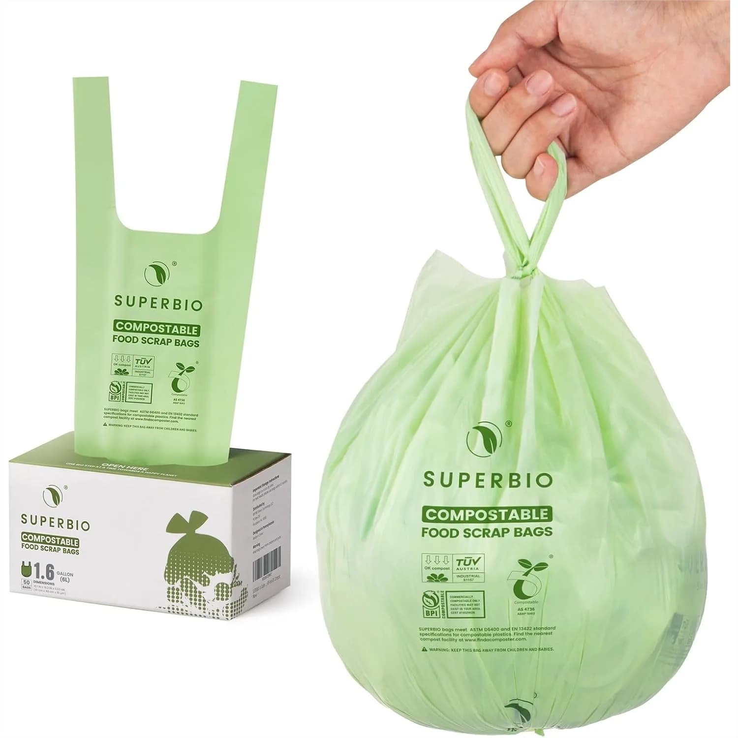 Sacchetti Compostabili per Scarti Alimentari da 6 Litri con Manico e Laccio per Contenitore da Banco, Confezione da 50, 6 Litri