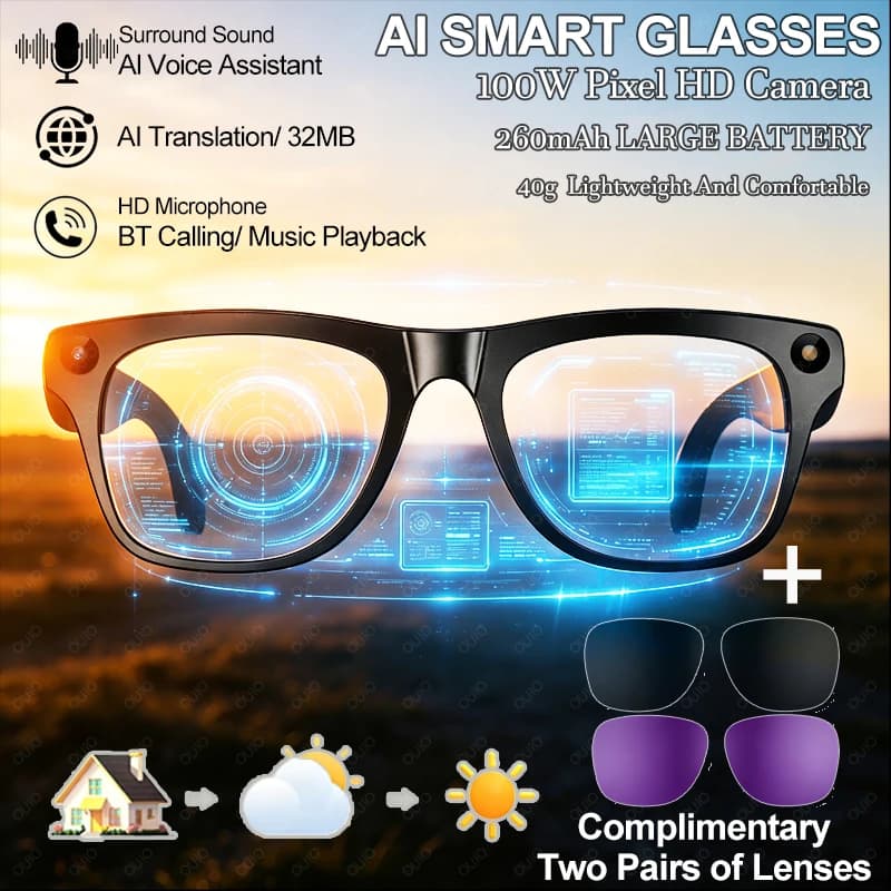 Nuovi Occhiali Intelligenti AI 2026 per Traduzione, Conversazione e Assistente Vocale AI, con Fotocamera HD da 100W, Batteria da 260mAh e Chiamate BT
