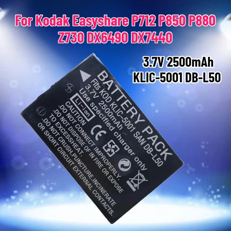 Battery for Camera 3.7V 2500mAh KLIC-5001 DB-L50 for Kodak Easyshare P712 P850 P880 Z730 Z760 Z7590 DX6490 DX7440 DX7590