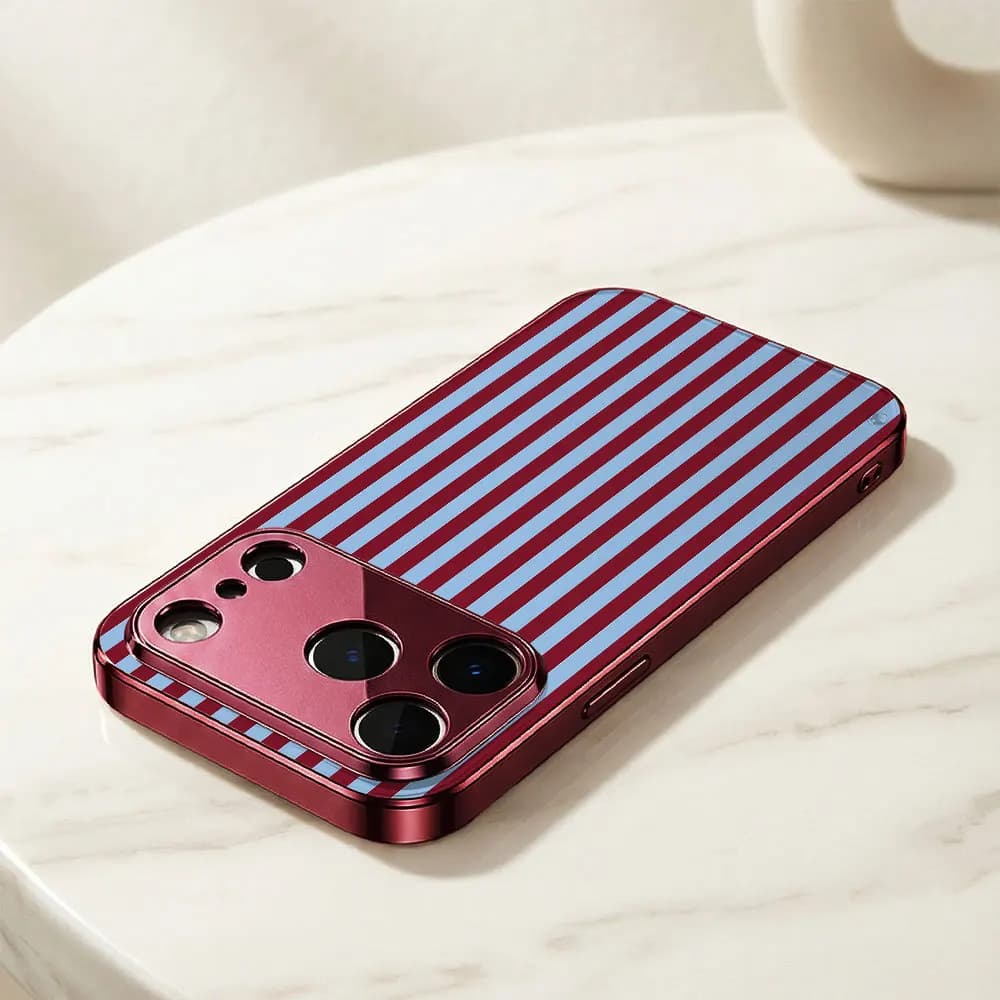 Custodia per telefono ECOCASE per iPhone 17 16 15 14 Pro Max 16E, guscio in vetro elettroplaccato rosso, cover a righe verticali bordeaux e azzurro chiaro