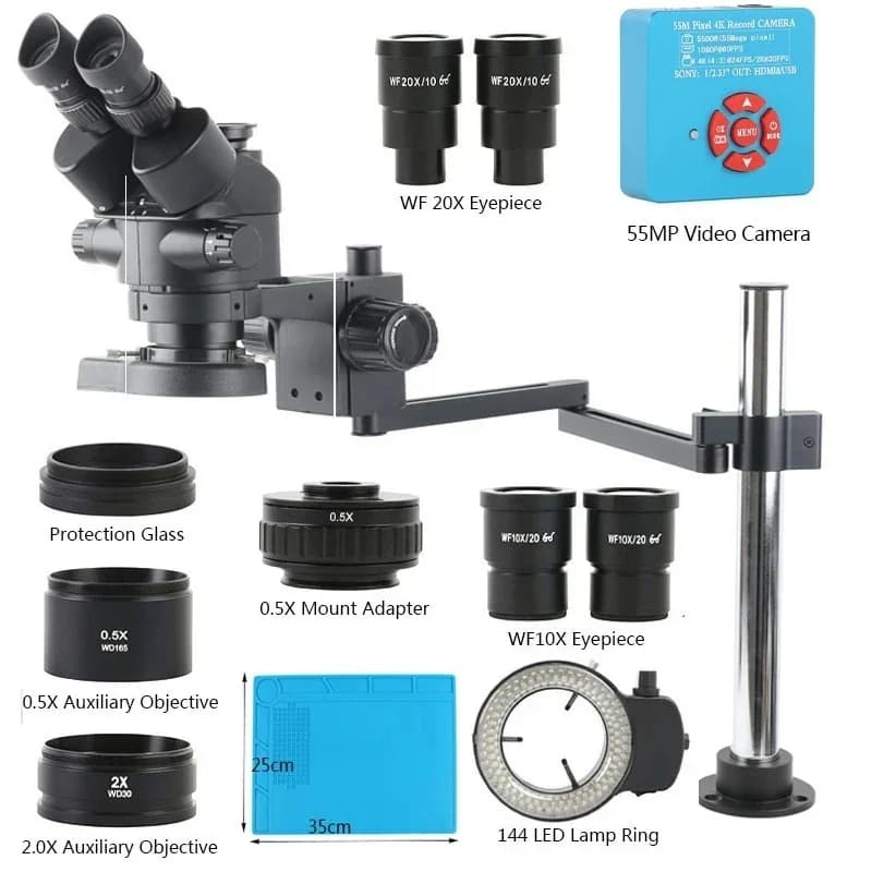 Microscopio Stereoscopico Trinoculare Parfocal Simul Focal 3.5X-90X 180X con Fotocamera Digitale 55MP 48MP 4K 2K HDMI VGA USB e Braccio Rotante