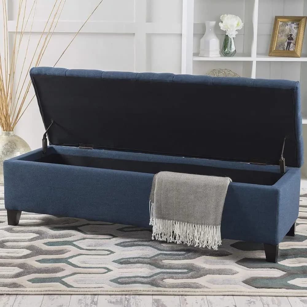 Navy Blue 51 Storage Ottoman Bench with Button Tufted Top and Safety Hinges for Entryway, Bedroom, and Living Room