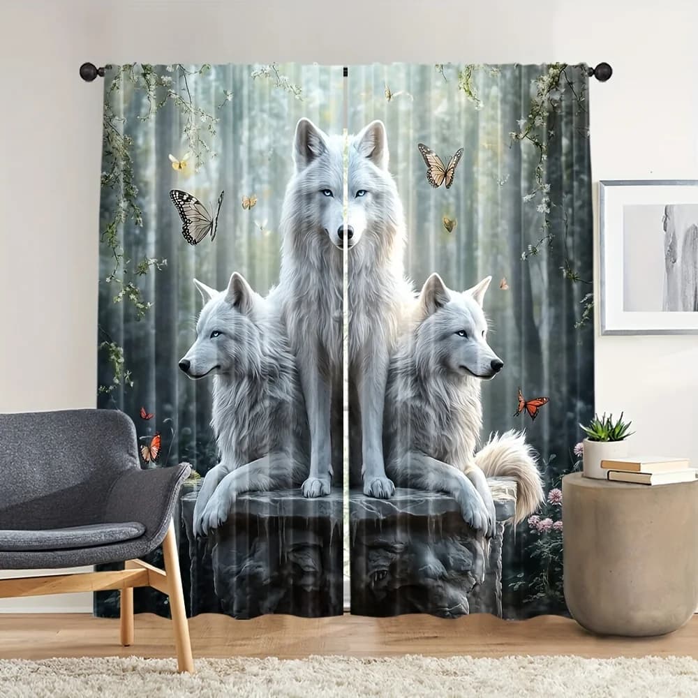 Realistic Wolf Family Woodland Nature Curtain Polyester Window Panel for Home Decor Living Room Aesthetic Wildlife Drape