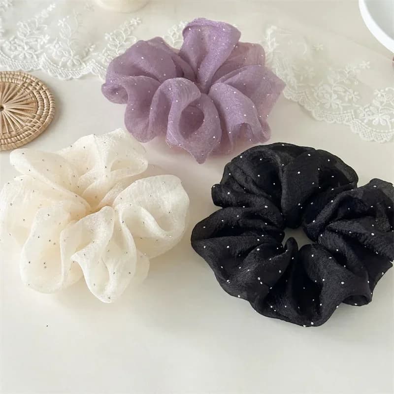 Fashion Rhinestone Mesh Hairband Chiffon Scrunchies Women Korean Silk Elastic Hair Tie Ponytail Holder Headwear Hair Accessories