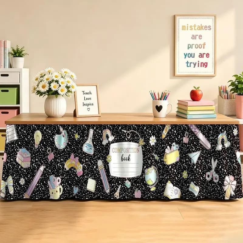 VIKAMA Teacher Desk Table Skirt Kawaii School Supplies Composition Book Print Classroom Front Desk Decorations