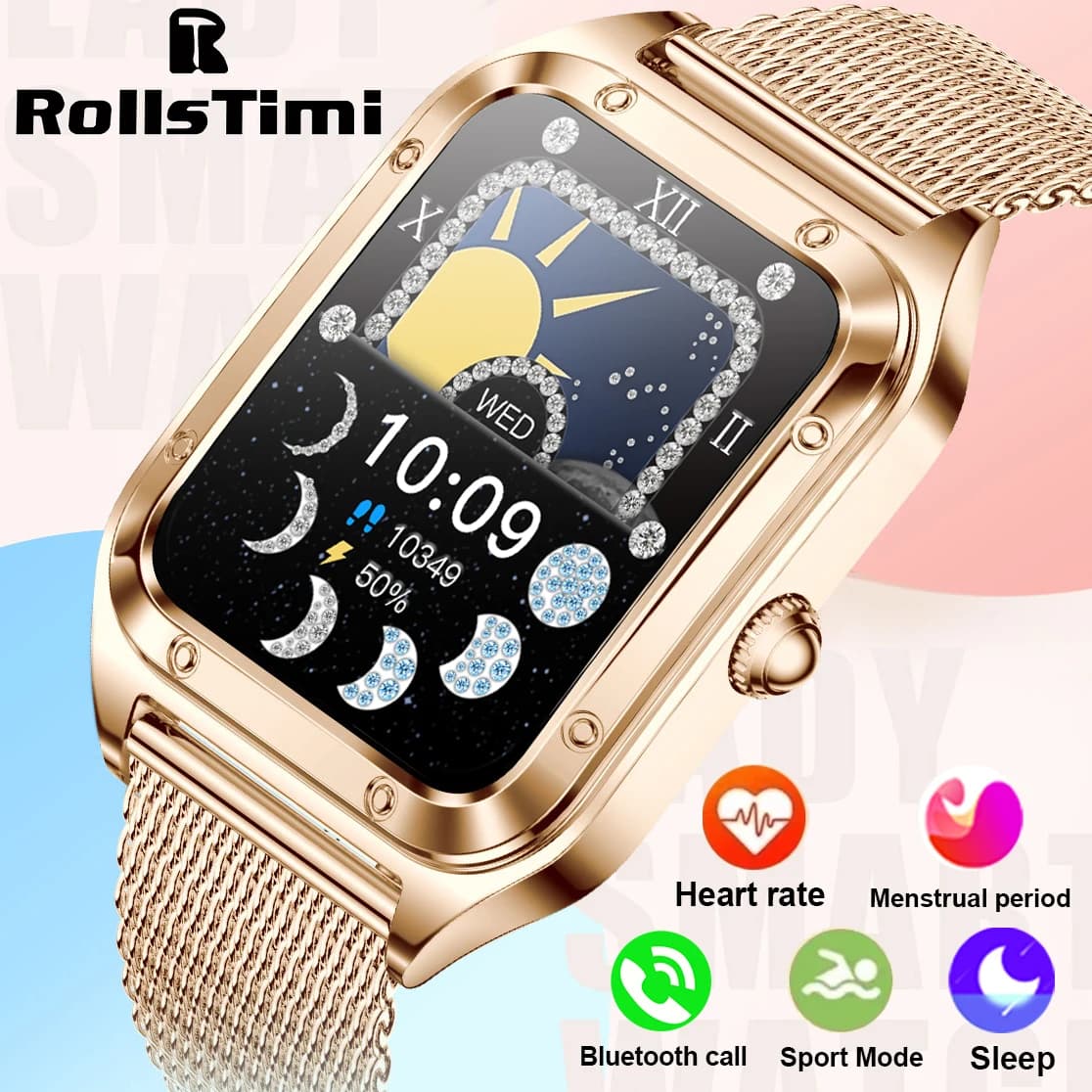 Rollstimi Gold Diamond Luxury Smart Watch donna Bluetooth Call sport impermeabile fai da te quadrante personalizzato Smartwatch per regalo donna