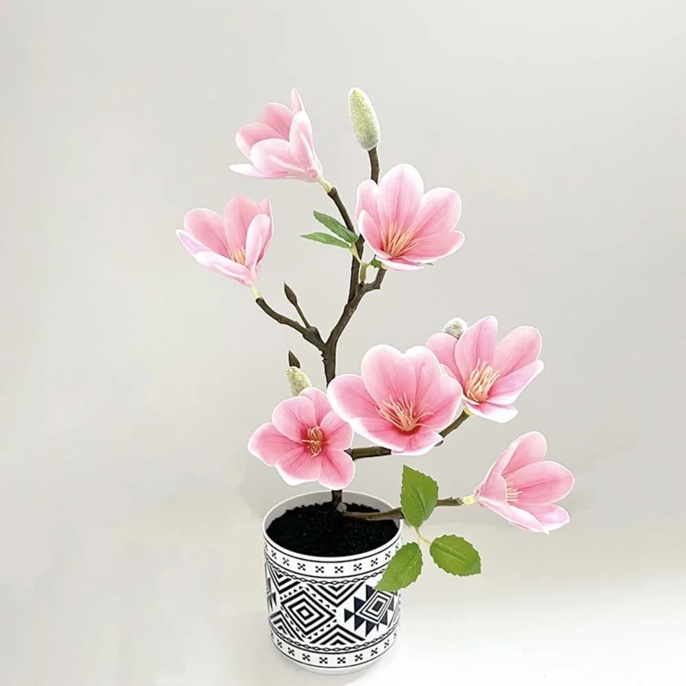 New Multi-Bloom Artificial Flower Vase with Simulated Magnolia, Plastic Fin Plants for Home Decoration