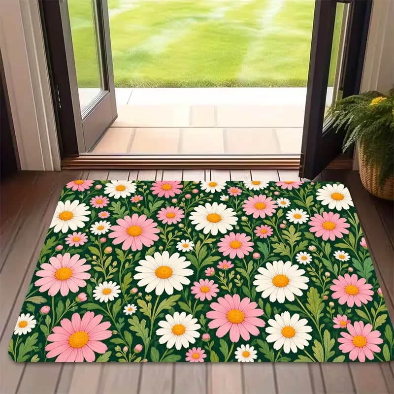Pink White Daisy Floral Doormat Fresh Wildflower Pattern Floor Mat Front Door Entryway Farm Home Decor Entrance Rug