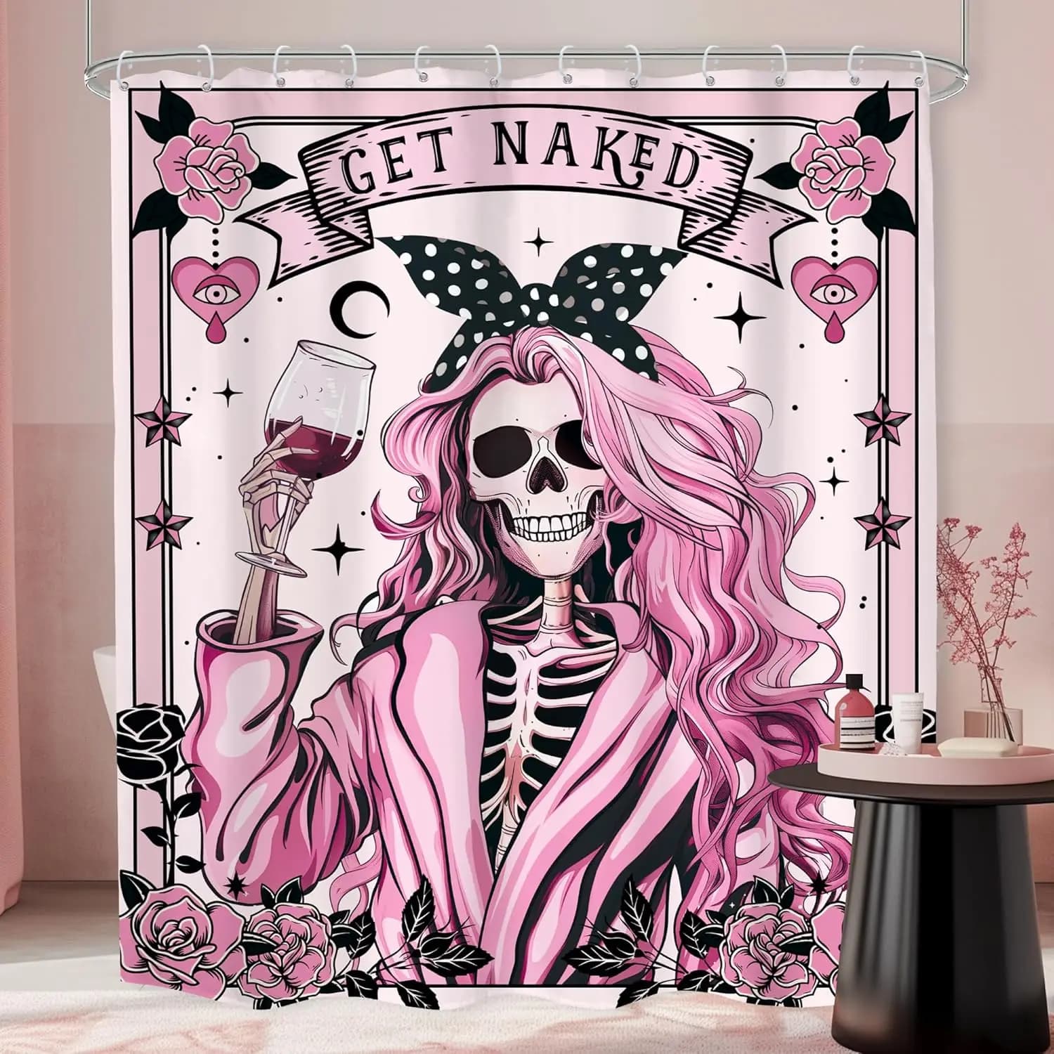 Divertente teschio scheletro tenda da doccia Halloween ragazza rosa gotico spettrale fiore nero rosa floreale vino rosso donne spaventose uniche