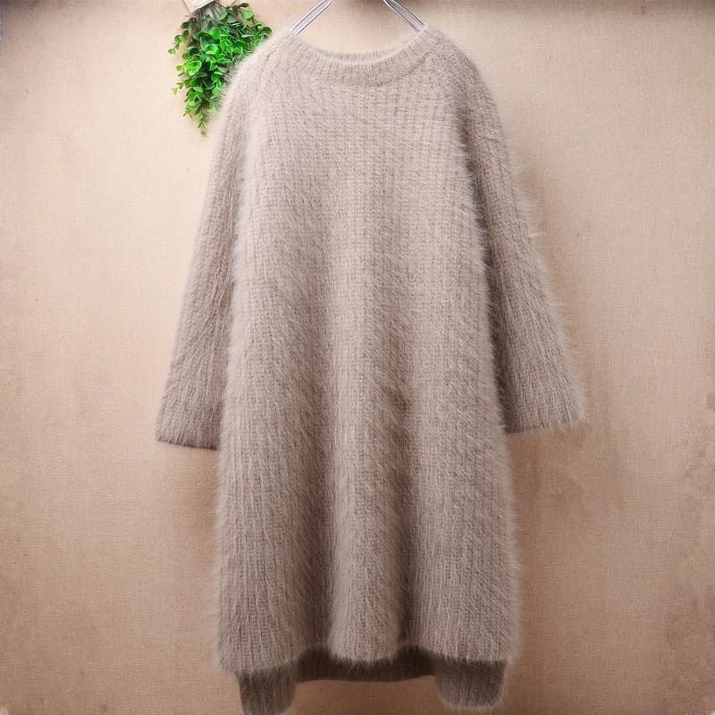 Abito da donna autunno inverno pesante e spesso da donna visone peloso cashmere lavorato a maglia o-collo maniche a tre quarti maglione lungo allentato