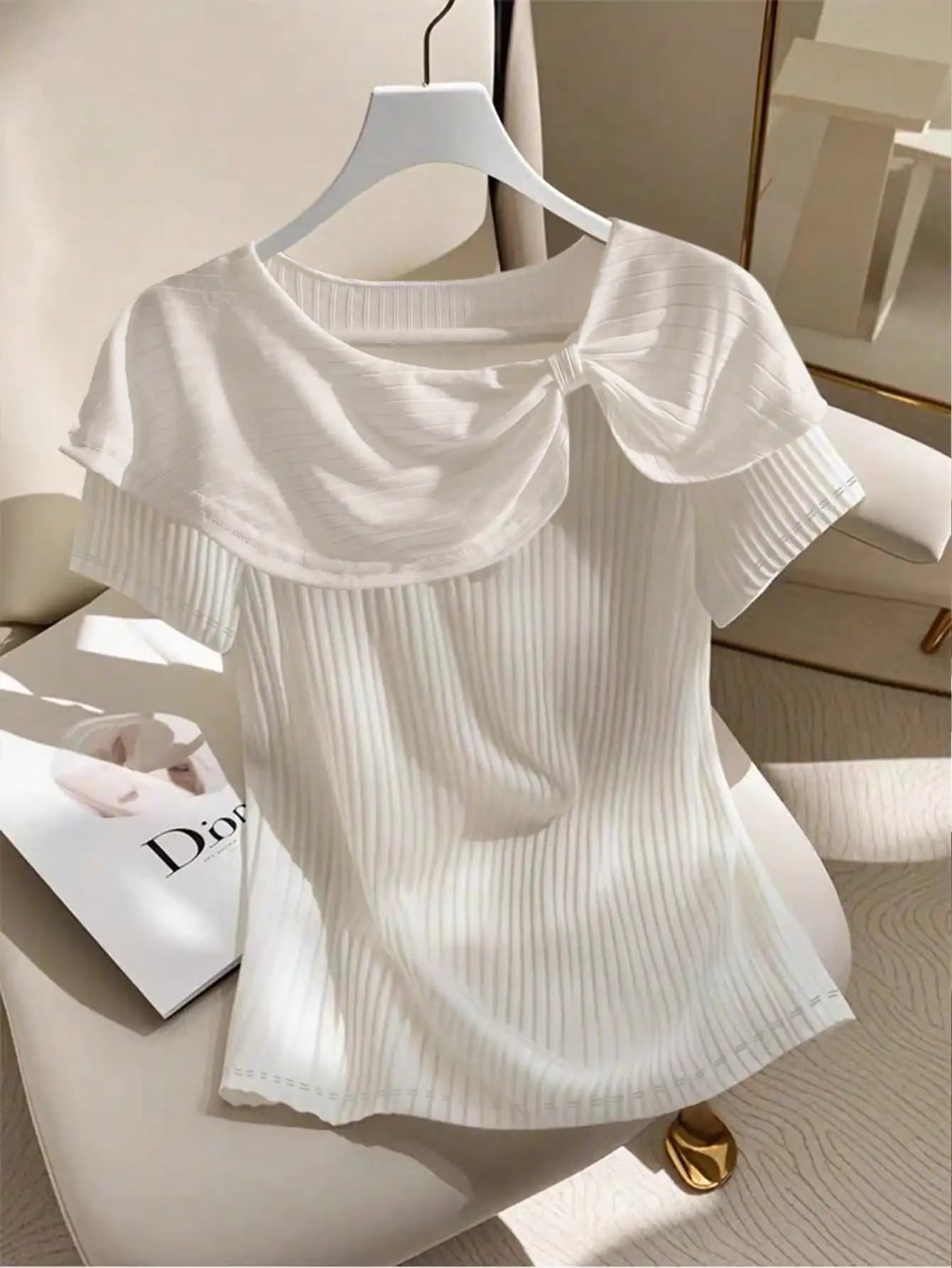 Plus Size Women's Solid Color Twist Knot Short Sleeve Ribbed Casual Versatile T-Shirt