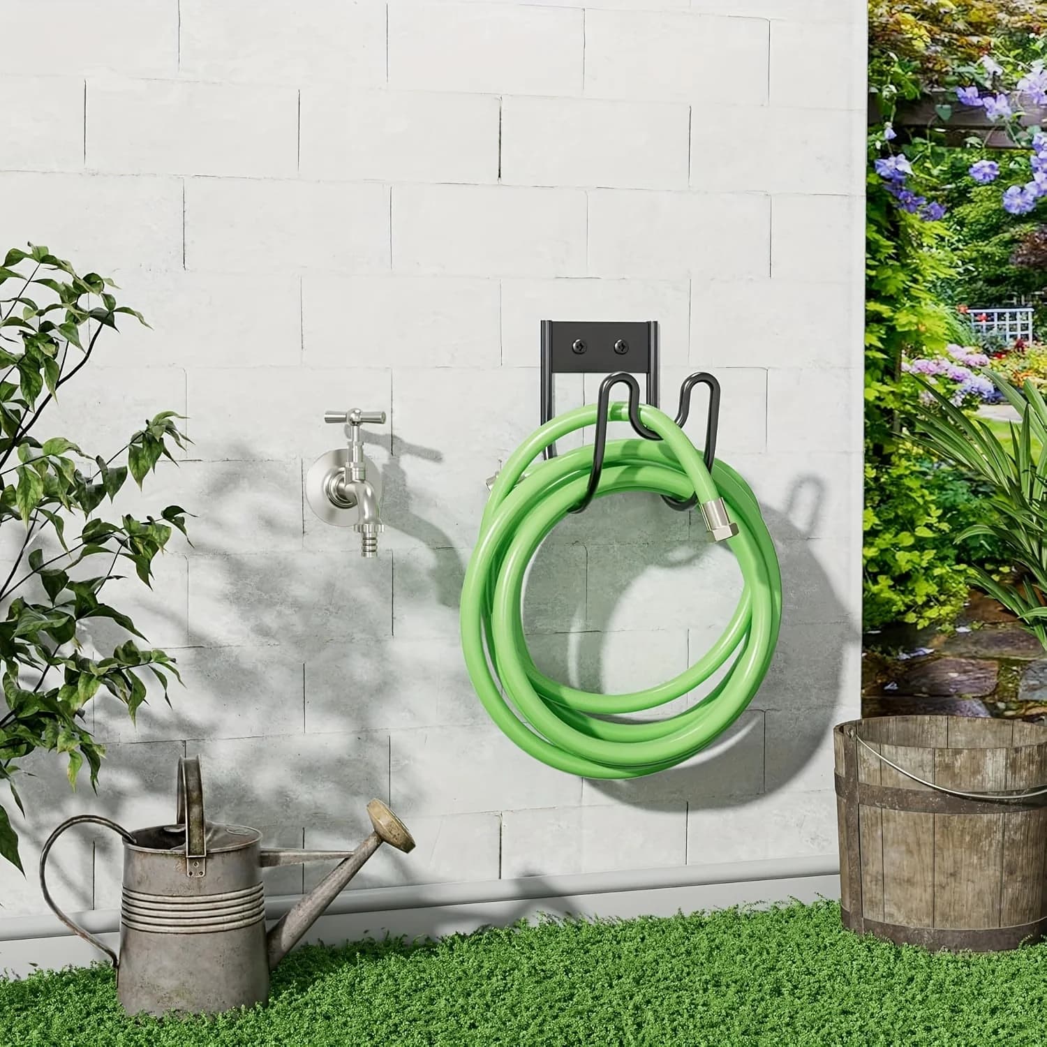 Heavy-Duty Garden Hose Rack -Wall-Mounted Water Pipe Organizer with Hook,Sturdy Metal Structure Suitable for Garage,Basement Use