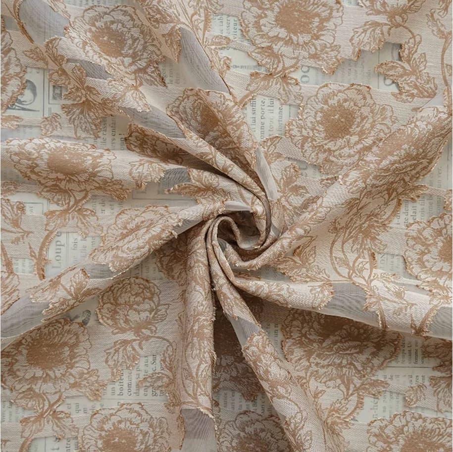 1 Meter/lot 135Cm Wide New Light Gold Peony Floral Sheer Cut Out Jacquard Cloth for Elegant Dress Coat Soft Sewing Fabric F160