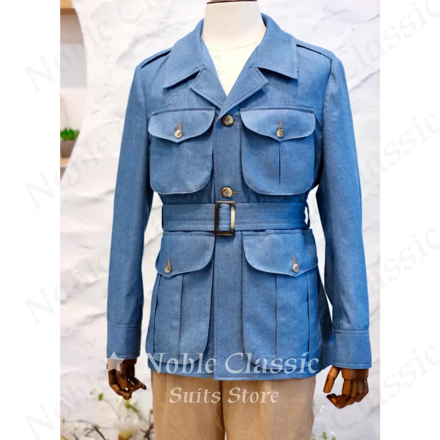 Men Solid Chambray Blue Safari Two Piece Suit Outfit Epaulet Collar Belt Waist Field Jacket Khaki Pants Set BreathableCustomized