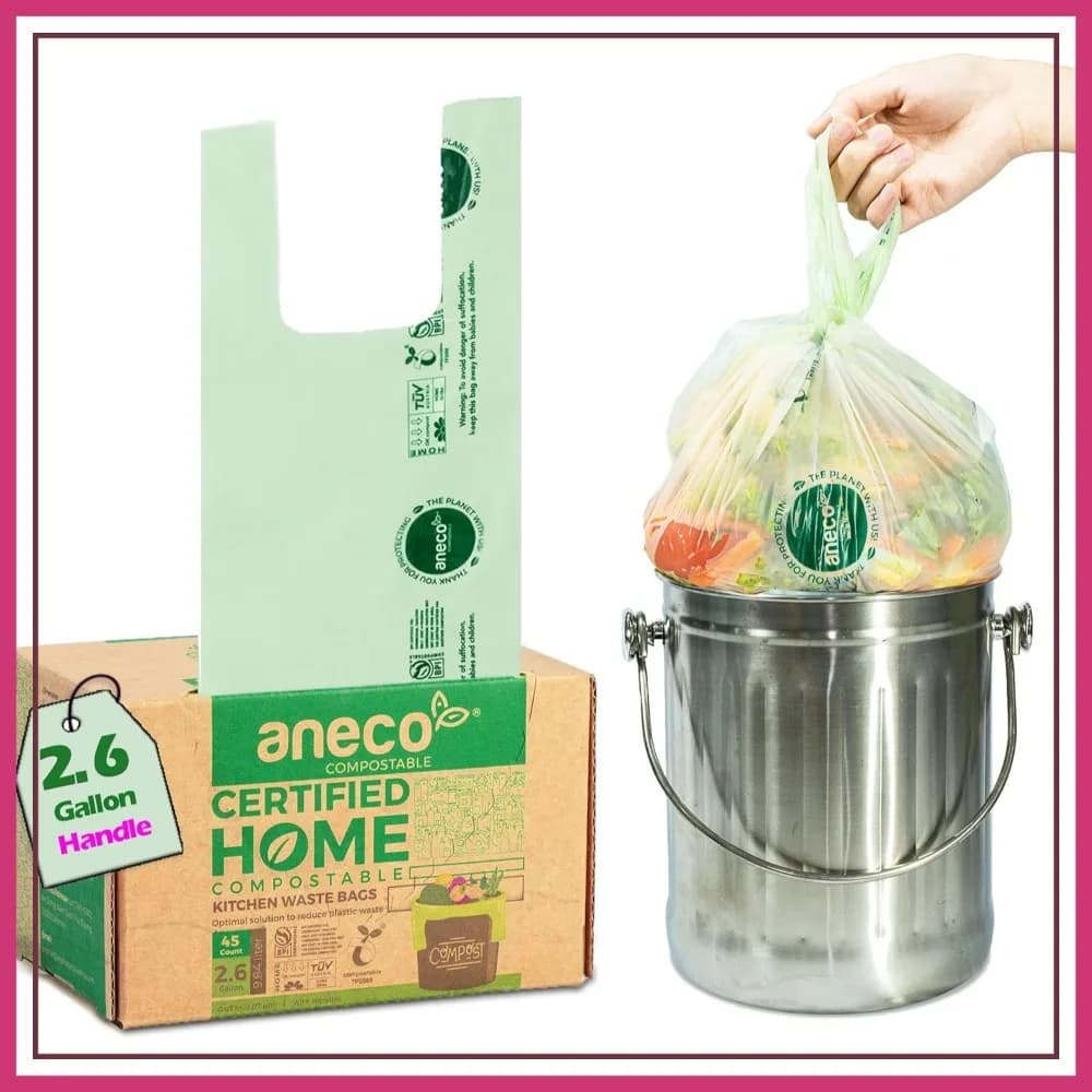 Sacchetti Compostabili per Rifiuti Alimentari da 2,6 Galloni con Manici, Confezione da 45, Certificati BPI & OK Compost HOME, Perfetti per Contenitori da Cucina