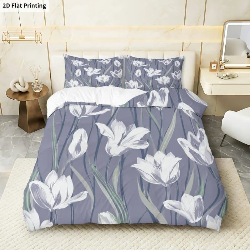 Set Copripiumino 3 Pezzi, 1 Copripiumino + 2 Federe (senza Imbottitura), Tema Floreale Minimalista con Tulipani, Design Elegante