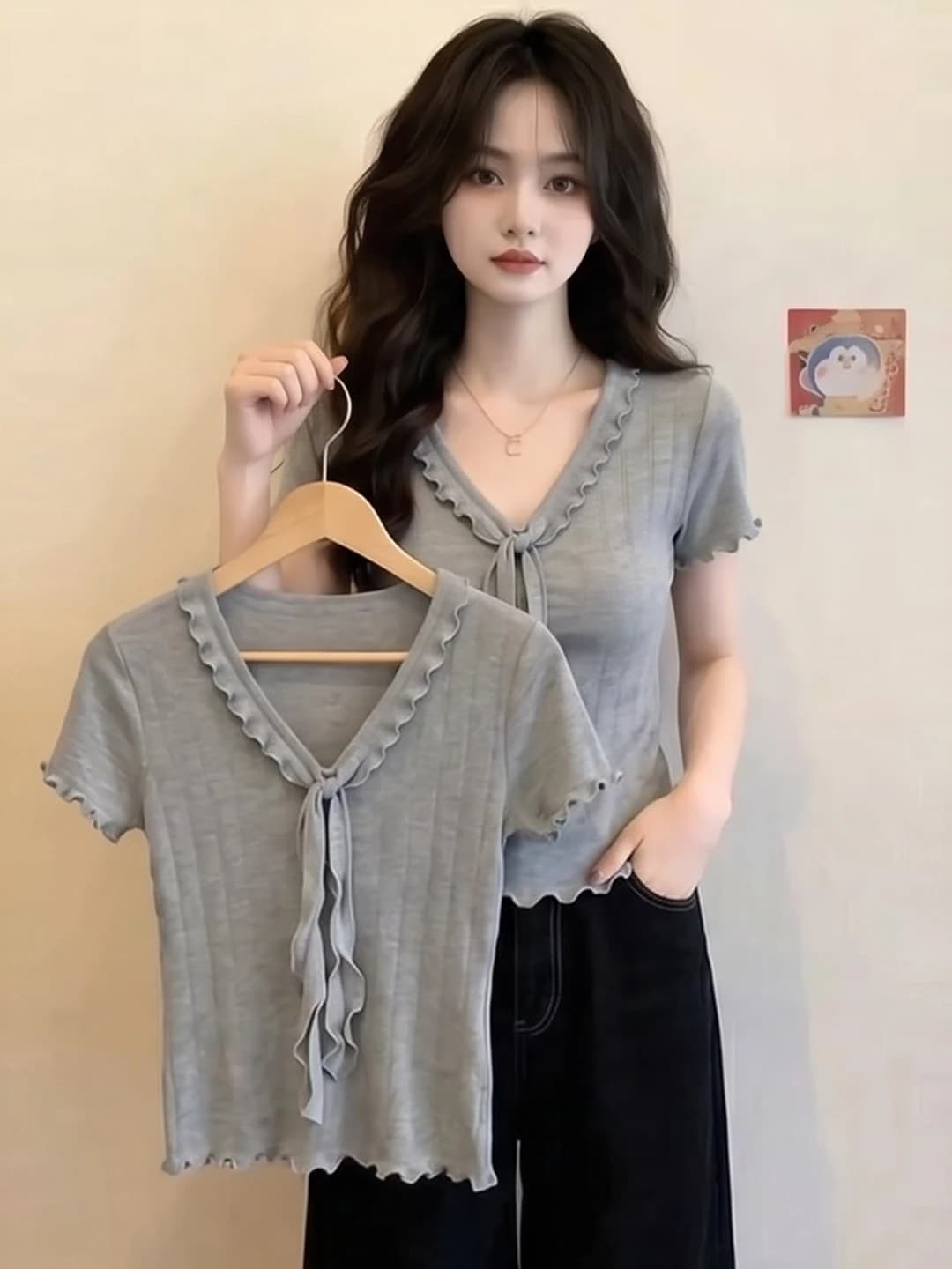 Gray V-neck Short Sleeve T-shirt Women's Summer Slimming Beautiful Fashionable Commute Style Korean Version plus Size