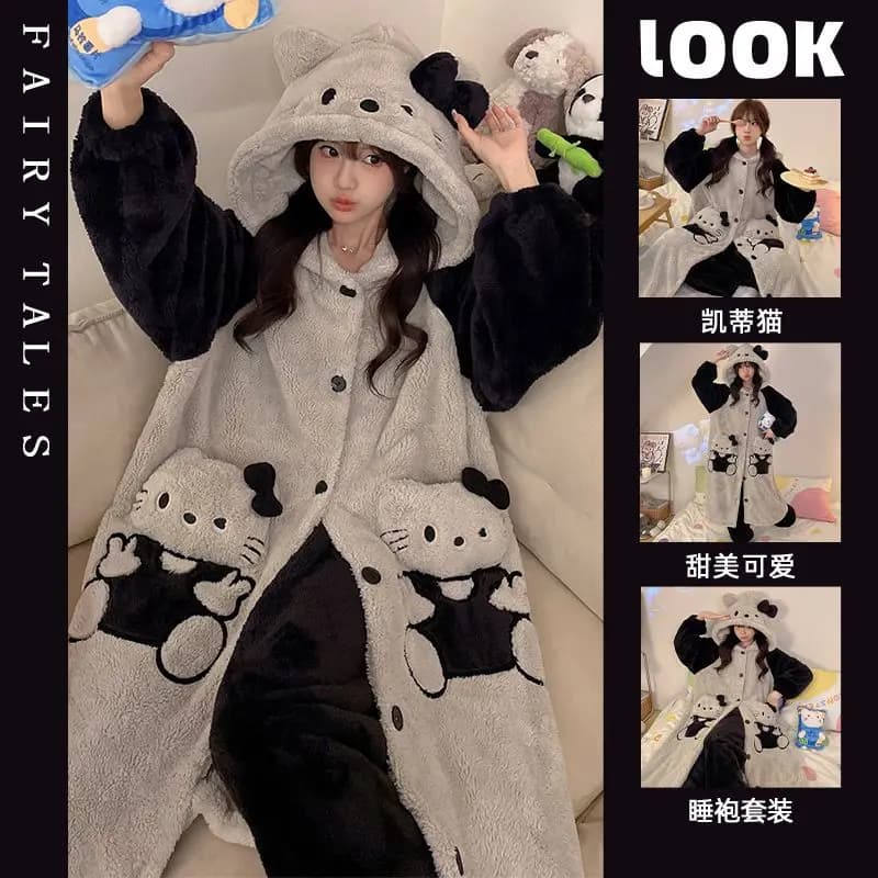 Sanrioed Hello Kittys Robe Pigiama in pile corallo Set Cartoon Kuromi Cinnamoroll Abbigliamento per la casa Camicia da notte lunga in flanella da donna calda