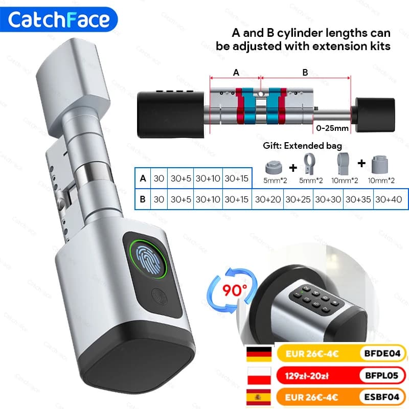 V1 Pro + Versione TTLock regolabile TTHotel APP Password per impronte digitali Cilindro per scheda RFID digitale Serratura intelligente per casa per hotel