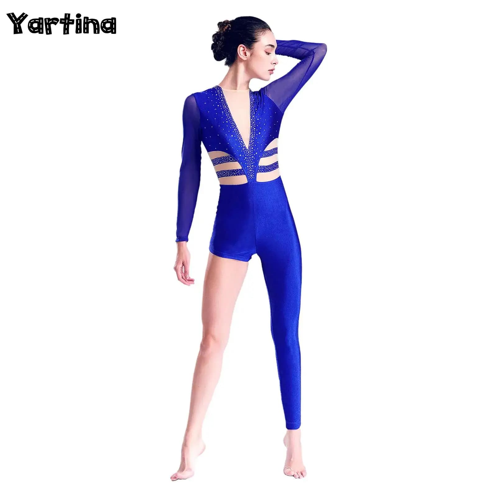 Costume da pattinaggio di figura per ginnastica artistica da donna, strass lucidi, maglia da balletto, body da ballo, tuta, pagliaccetti