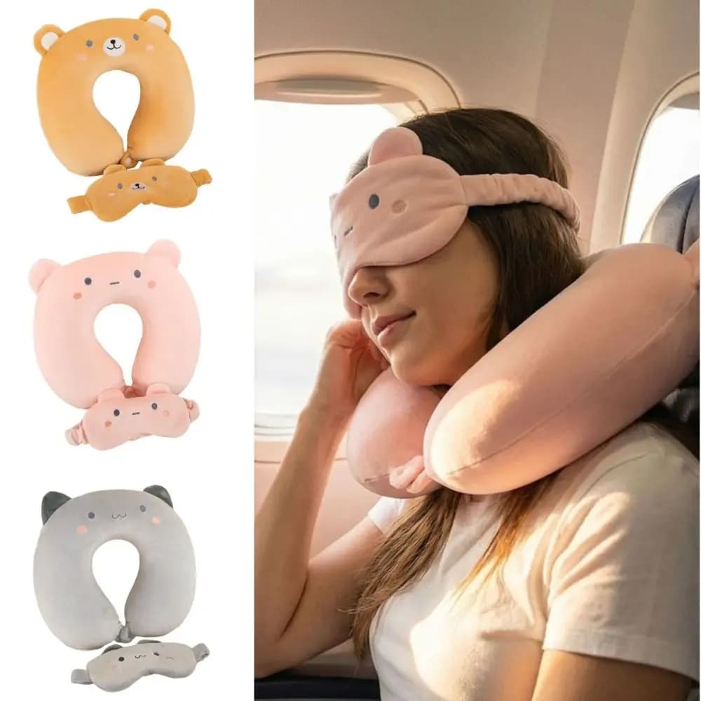 Cuscino a U Ergonomico Portatile con Animali Cartoon, Supporto per il Collo, Maschera per Occhi a Lento Ritorno per Voli Lunghi