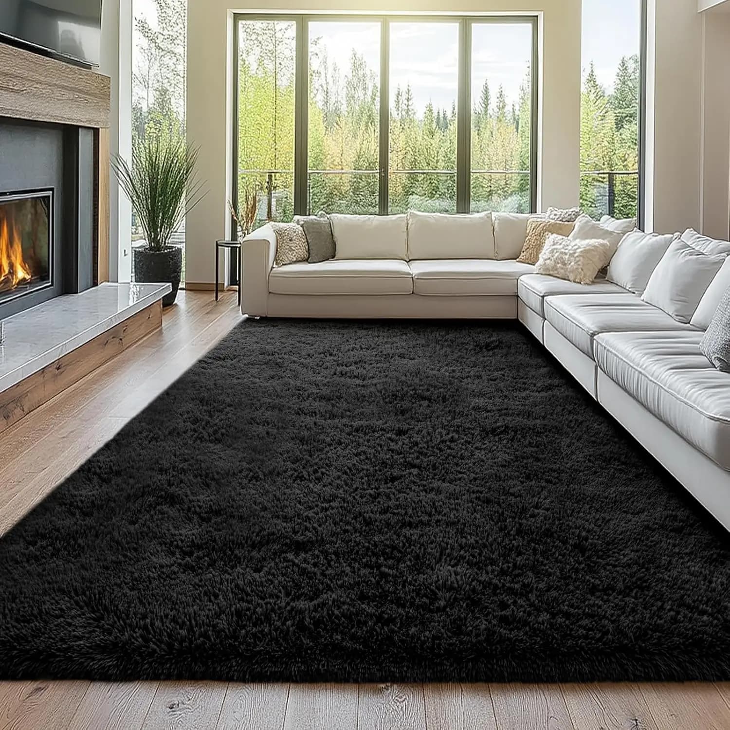 Shag Black Carpet 10x14, Large Modern Carpet for Living Room and Bedroom