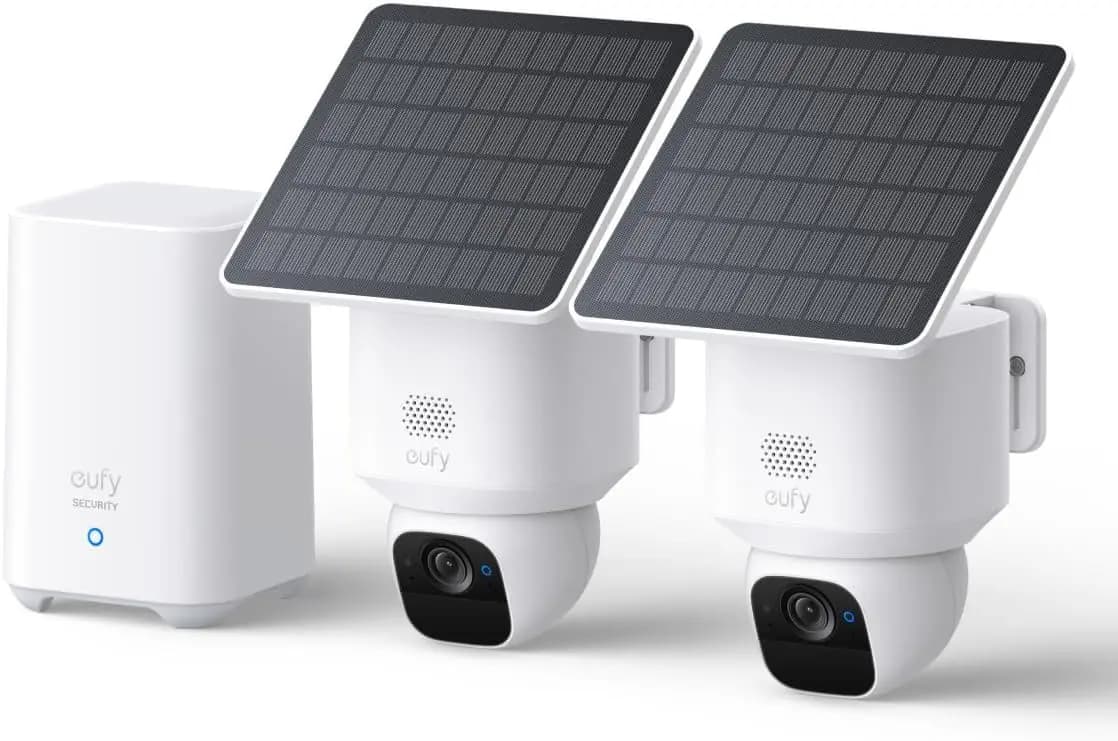 Set di 2 Telecamere di Sicurezza Wireless da Esterno con Alimentazione Solare, 360° ° Pan, Tracciamento AI, Chiarezza 2K, Nessun Canone Mensile