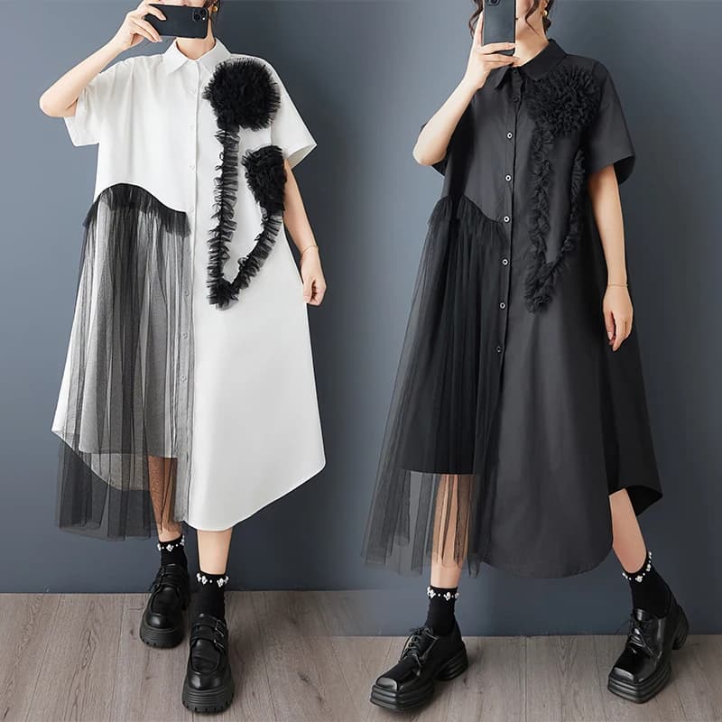 Sweet Short Sleeve Shirt Dress with Mesh Splicing Print Design Loose Fit plus Size Casual Style Cotton Polyester Blend Long S...