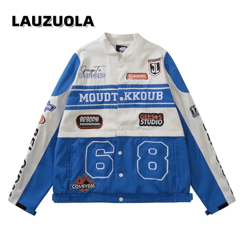 Vintage Racing Jacket Men Blue White Block Letter Embroidery Patch Moto Biker Coat Stand Collar Streetwear Casual Outerwear