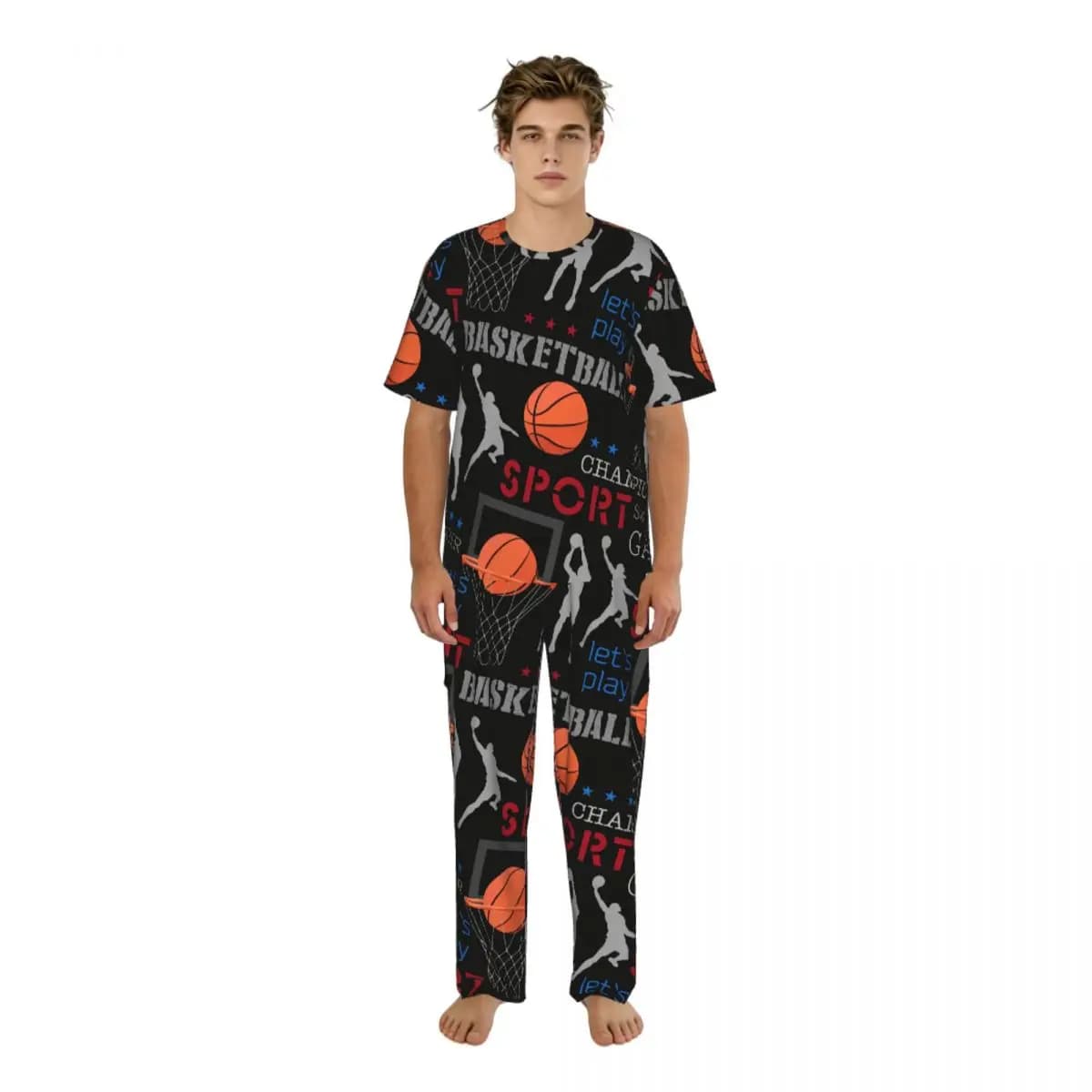 Pigiama da Uomo con Maniche Corte e Pantaloni Lunghi, Abbigliamento Sportivo per Basket, Set Estivo per Casa