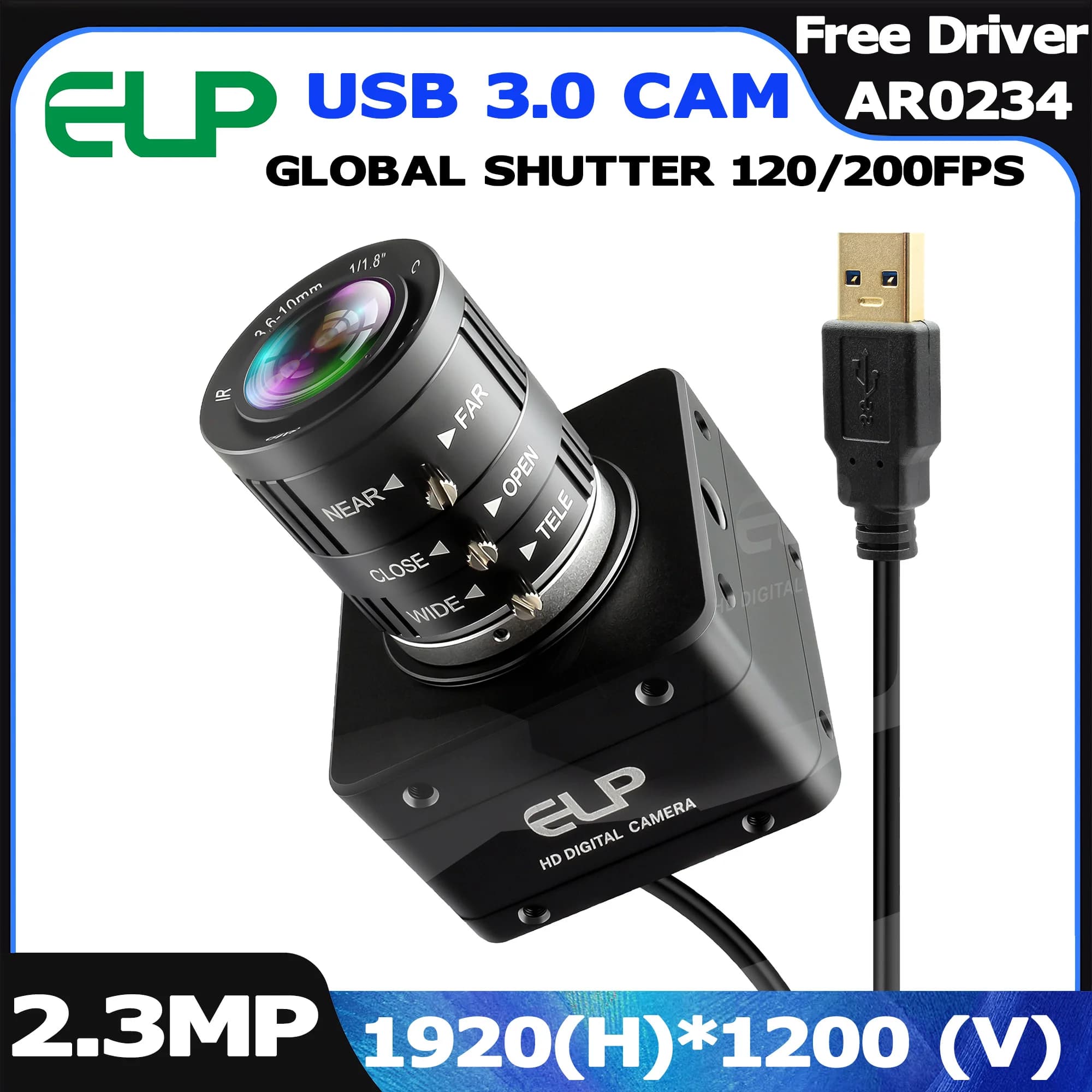 ELP 2.3MP 120fps 200fps Global Shutter USB3.0 Webcam with 10X/4X/3X CS Varifocal Zoom Lens Color AR0234 UVC Camera Plug & Play