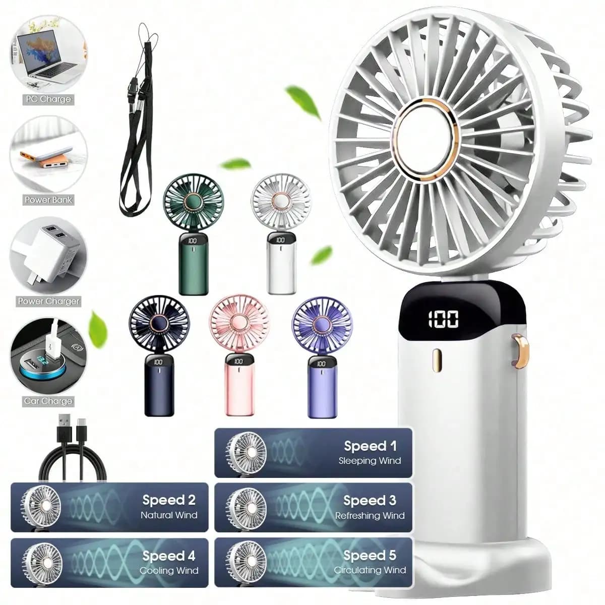 Nuovo Ventilatore Portatile con Display Digitale, Ventilatore Elettrico Portatile, Dispositivo di Raffreddamento Super Potente per Esterni